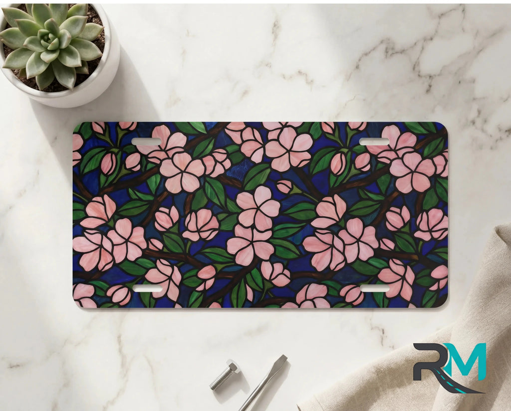 Pink Floral Pattern Navy Botanical Vanity Plate - Road Muse