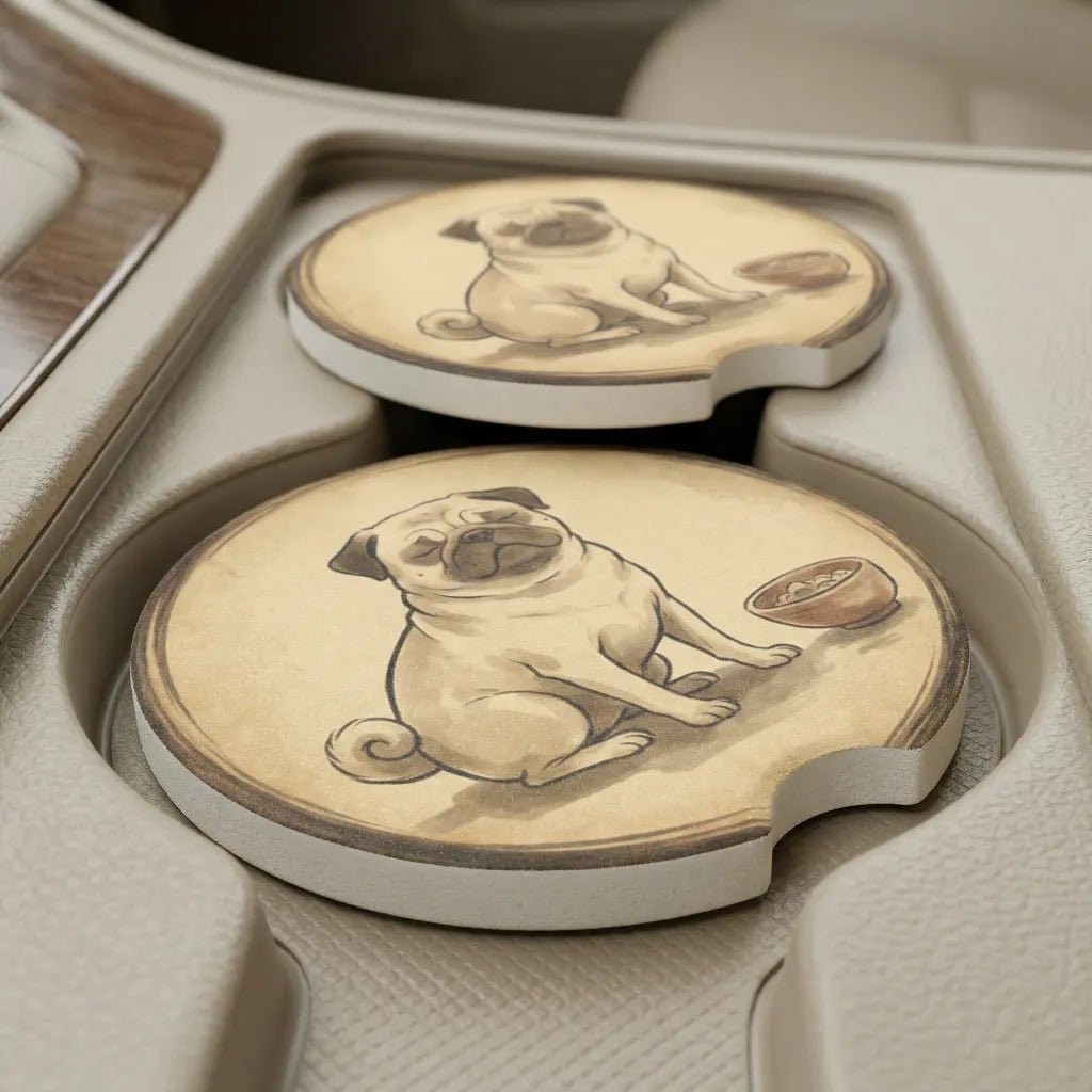 Pug Illustration Car Coasters Set - Road Muse