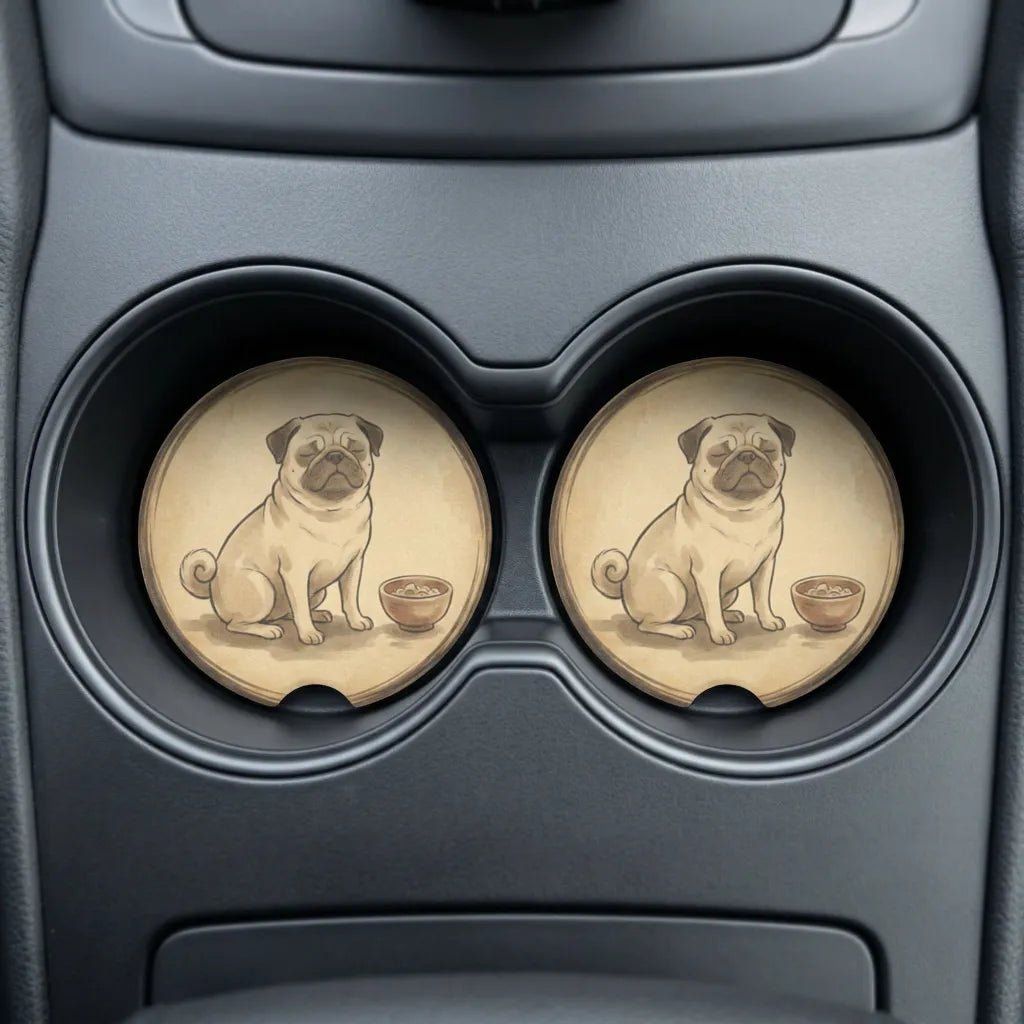 Pug Illustration Car Coasters Set - Road Muse