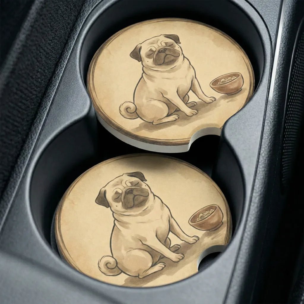 Pug Illustration Car Coasters Set - Road Muse