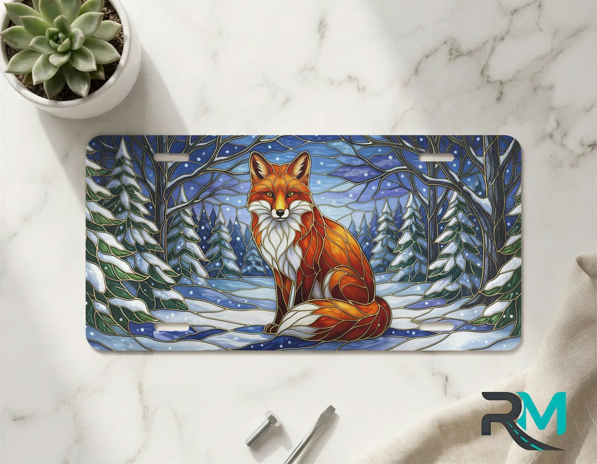 Red Fox in Snowy Forest Vanity Plate - Road Muse