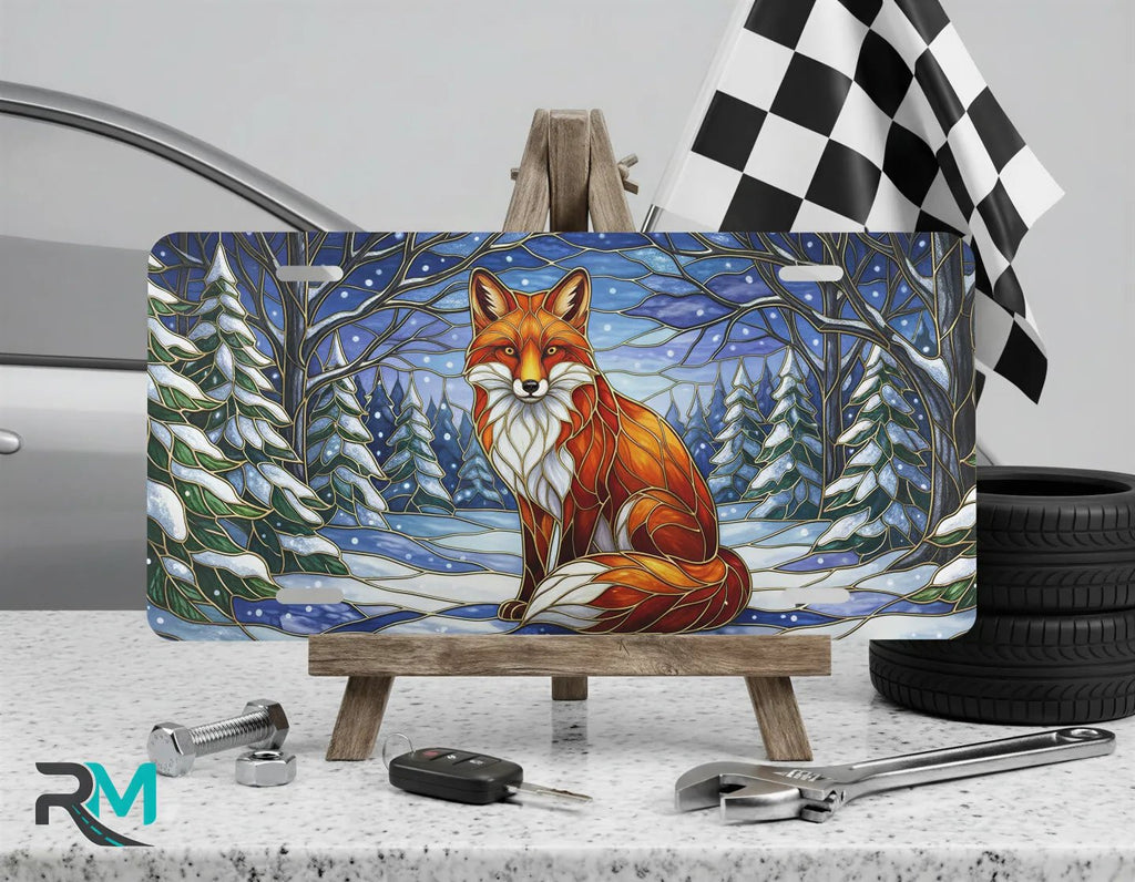 Red Fox in Snowy Forest Vanity Plate - Road Muse