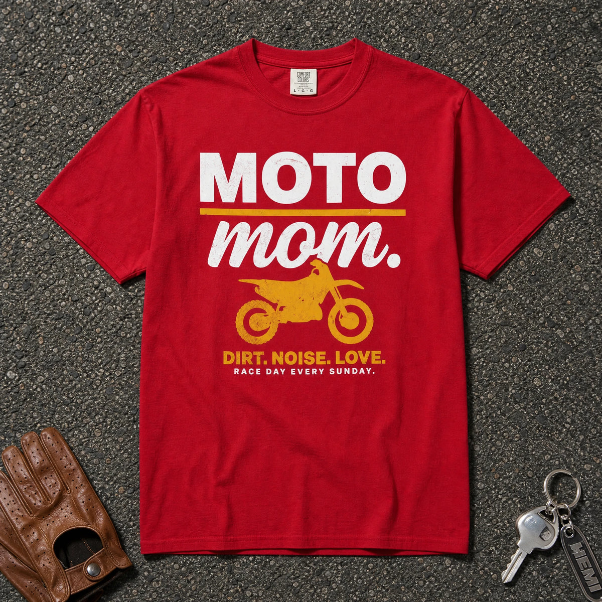 red moto mom graphic tee — motocross mom comfort colors shirt race day