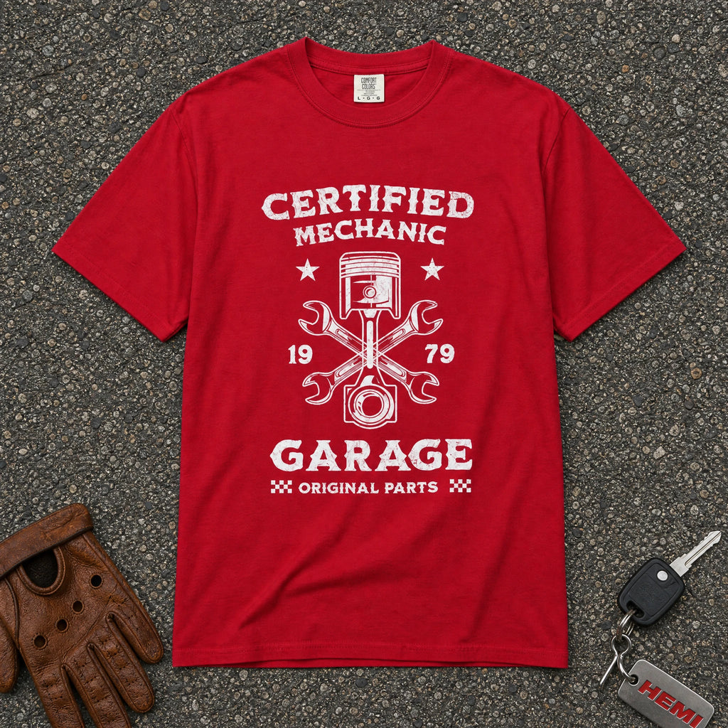 red certified mechanic piston graphic tee — auto repair emblem comfort colors shirt