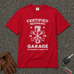 red certified mechanic piston graphic tee — auto repair emblem comfort colors shirt