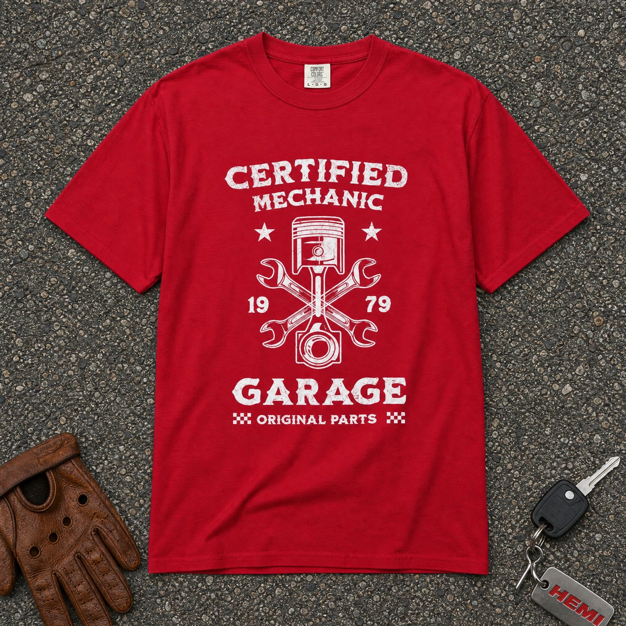 red certified mechanic piston graphic tee — auto repair emblem comfort colors shirt