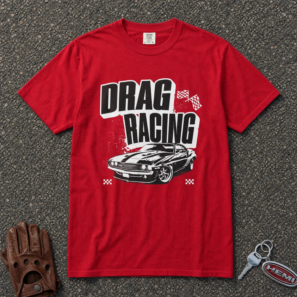 red drag racing vintage muscle car tshirt — bold speed graphic comfort colors race day tee
