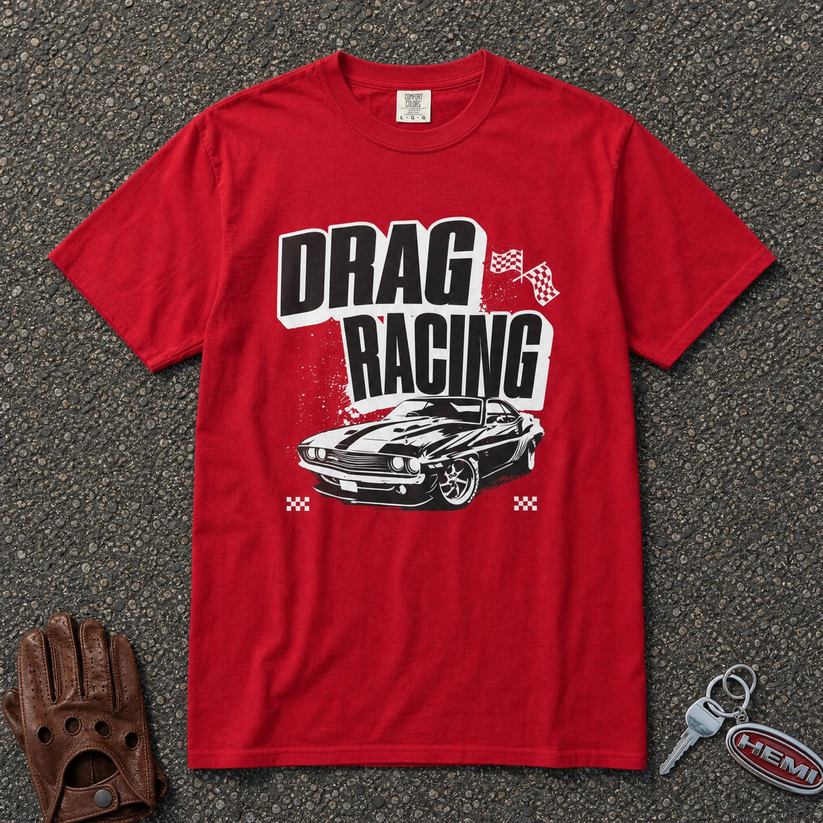 red drag racing vintage muscle car tshirt — bold speed graphic comfort colors race day tee