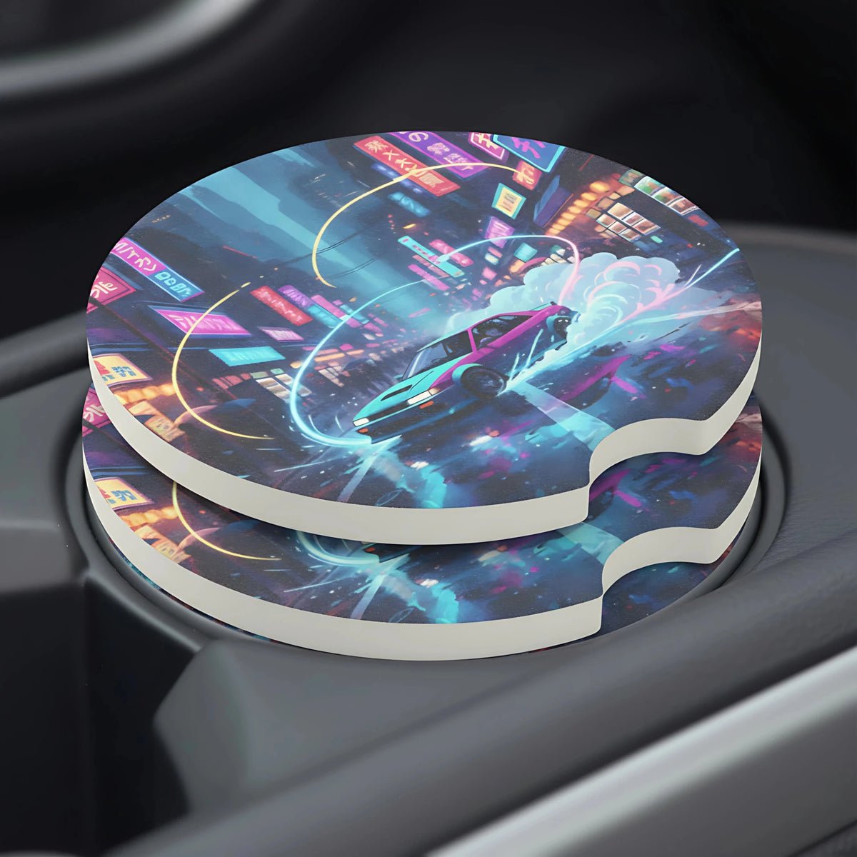 Retro Neon Drift Car Coasters Set - Road Muse