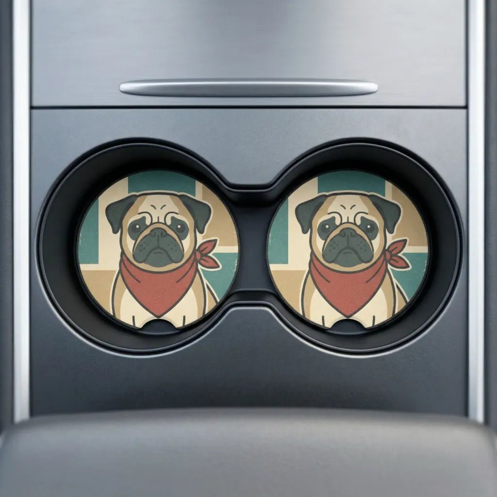 Retro Pug Illustration Car Coasters Set - Road Muse