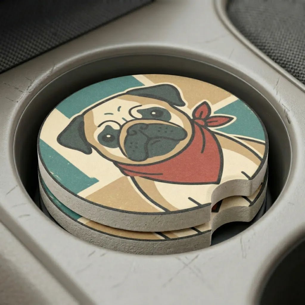 Retro Pug Illustration Car Coasters Set - Road Muse