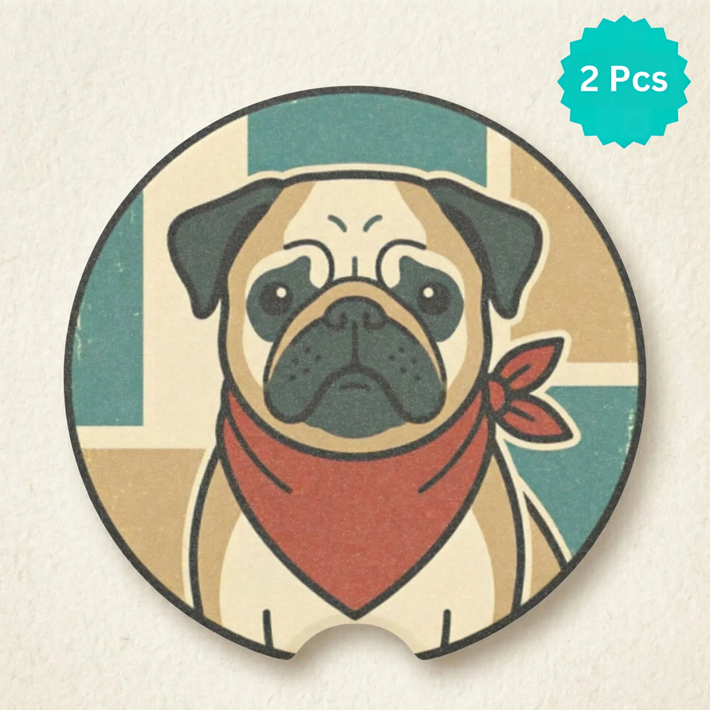 Retro Pug Illustration Car Coasters Set - Road Muse