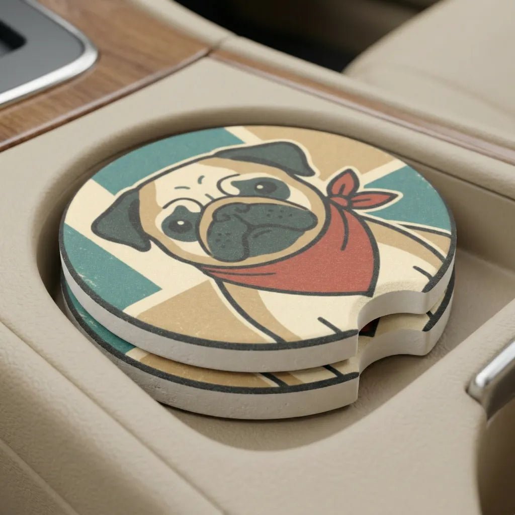 Retro Pug Illustration Car Coasters Set - Road Muse