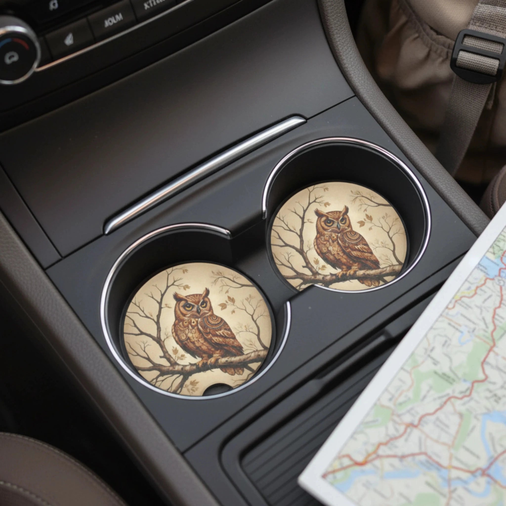 Rustic Owl Car Coasters Set - Road Muse