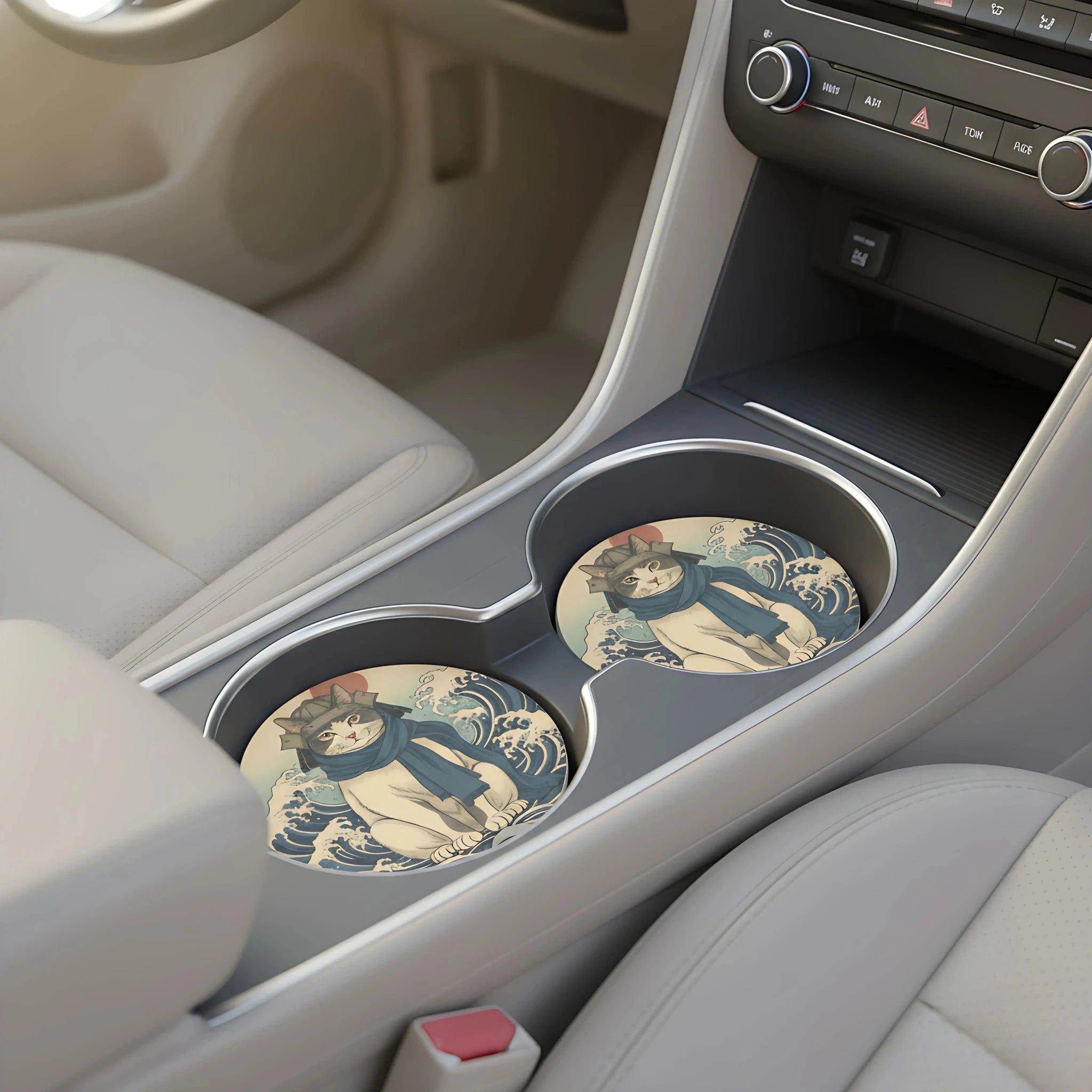 Samurai Cat Ukiyo-e Car Coasters Set - Road Muse