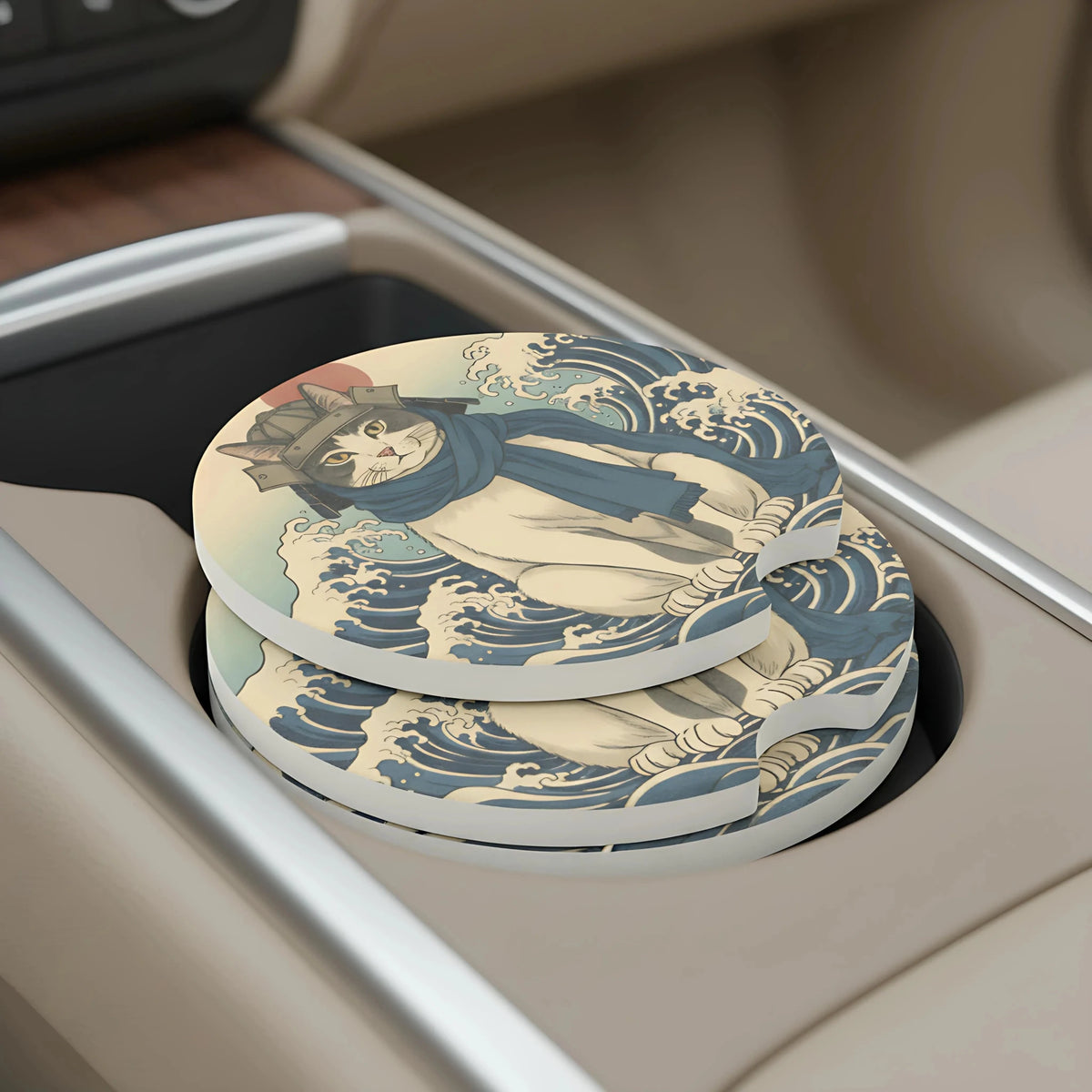 Samurai Cat Ukiyo-e Car Coasters Set - Road Muse