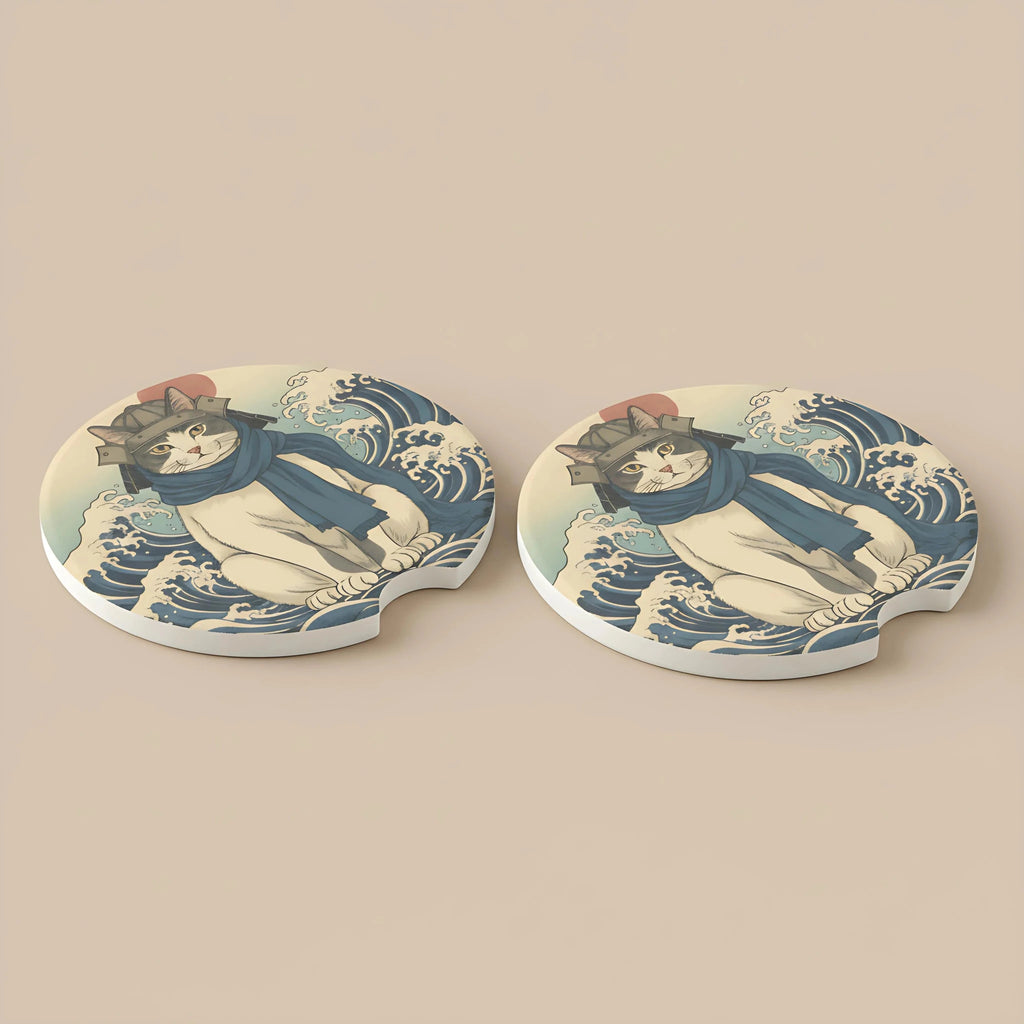 Samurai Cat Ukiyo-e Car Coasters Set - Road Muse