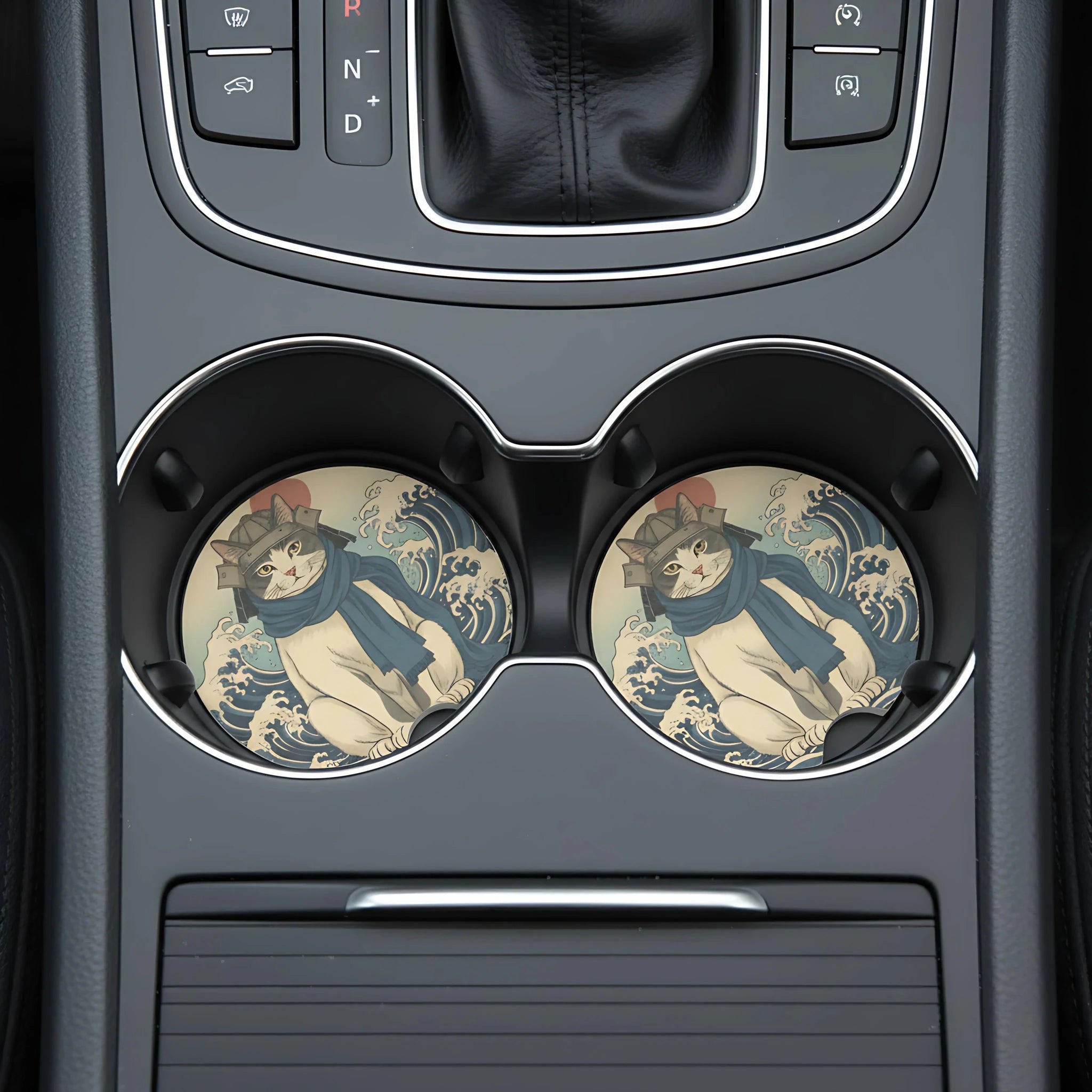 Samurai Cat Ukiyo-e Car Coasters Set - Road Muse