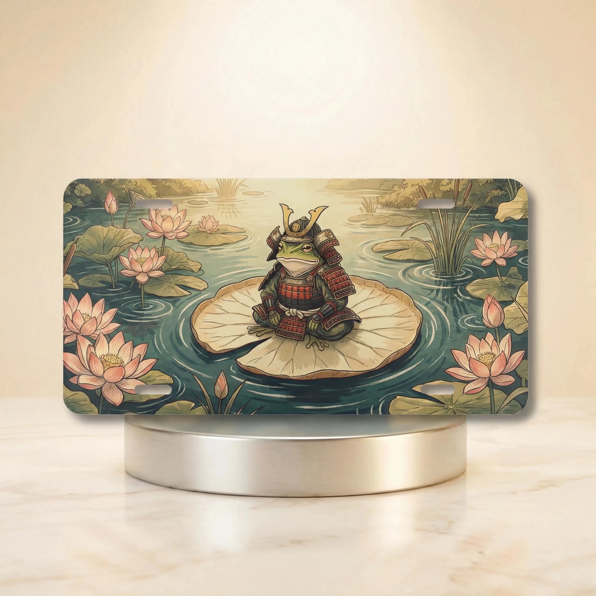 Samurai Frog on Lotus Pond Vanity Plate - Road Muse