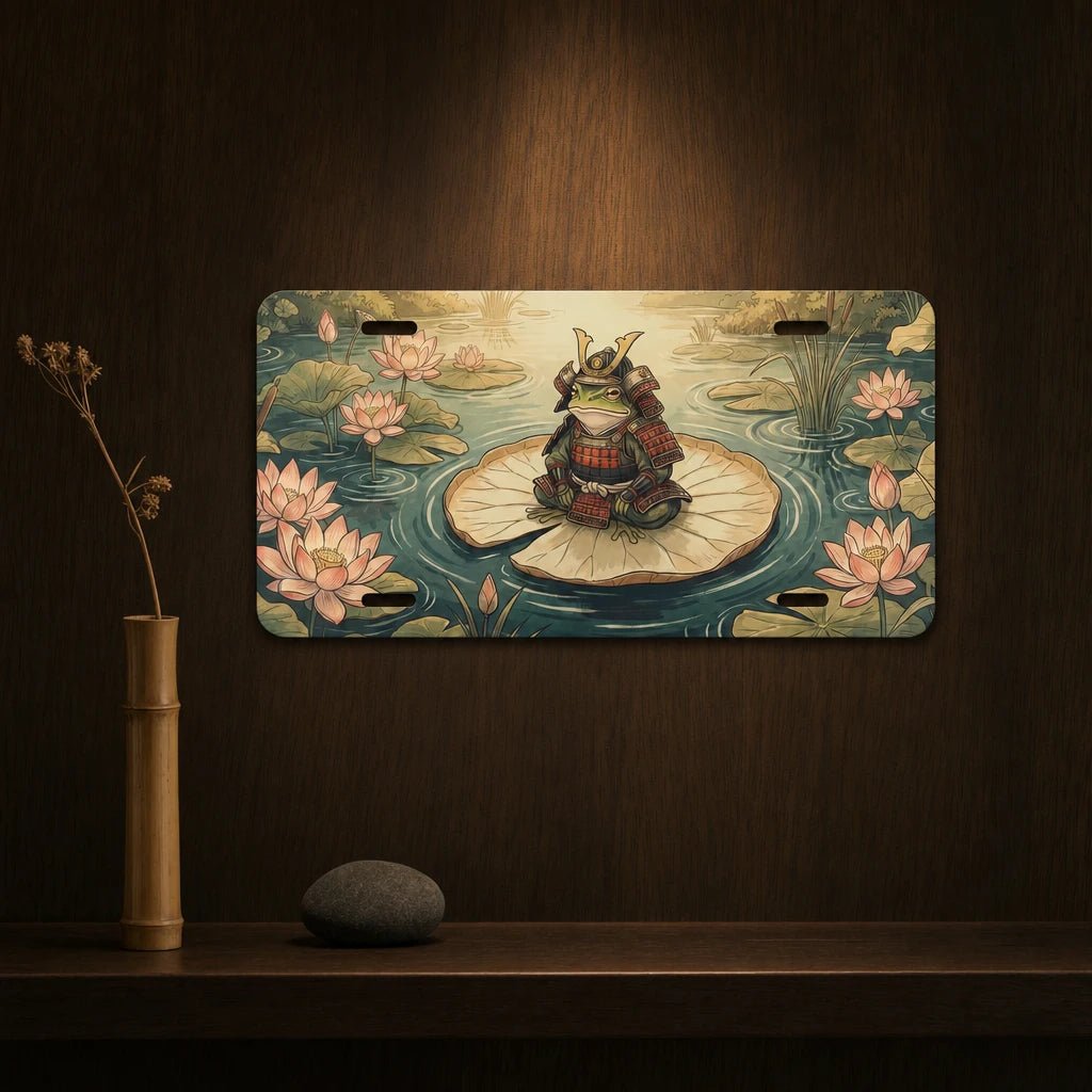 Samurai Frog on Lotus Pond Vanity Plate - Road Muse