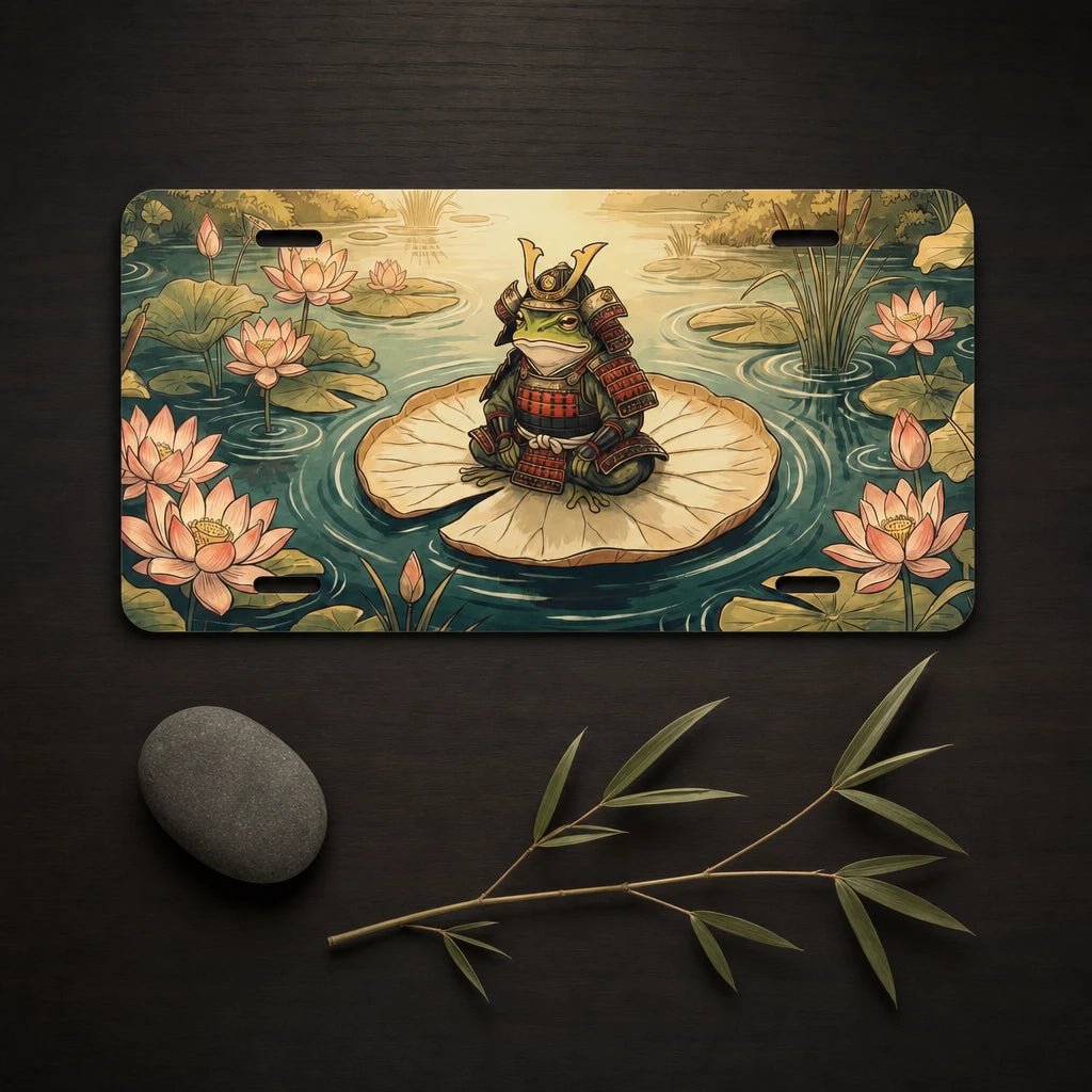 Samurai Frog on Lotus Pond Vanity Plate - Road Muse