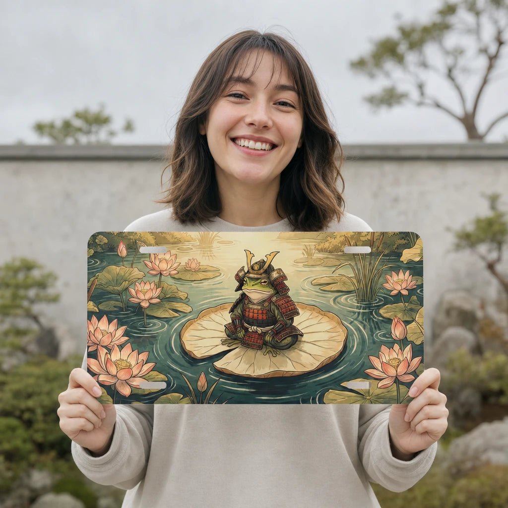 Samurai Frog on Lotus Pond Vanity Plate - Road Muse