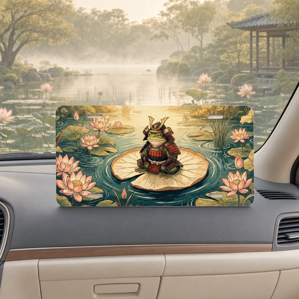 Samurai Frog on Lotus Pond Vanity Plate - Road Muse