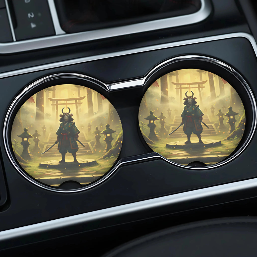 Samurai Silhouette Shrine Car Coasters Set - Road Muse