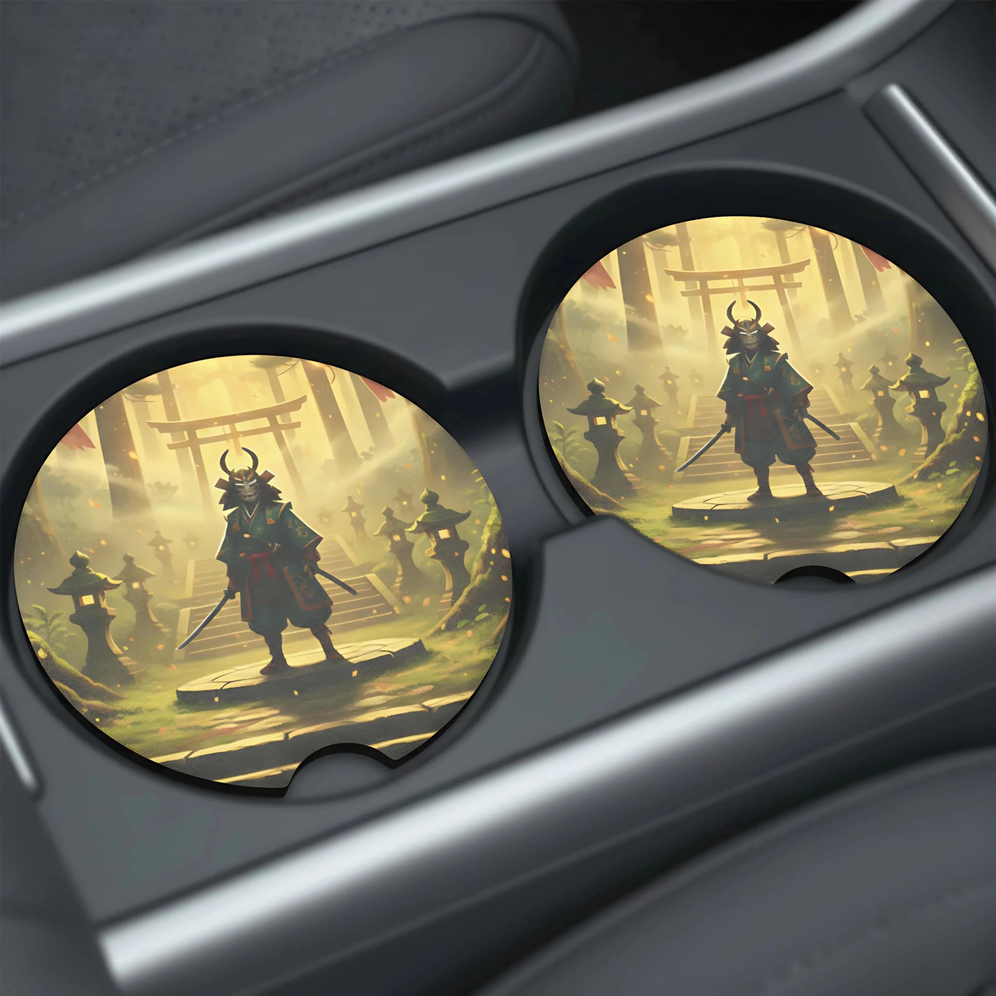 Samurai Silhouette Shrine Car Coasters Set - Road Muse