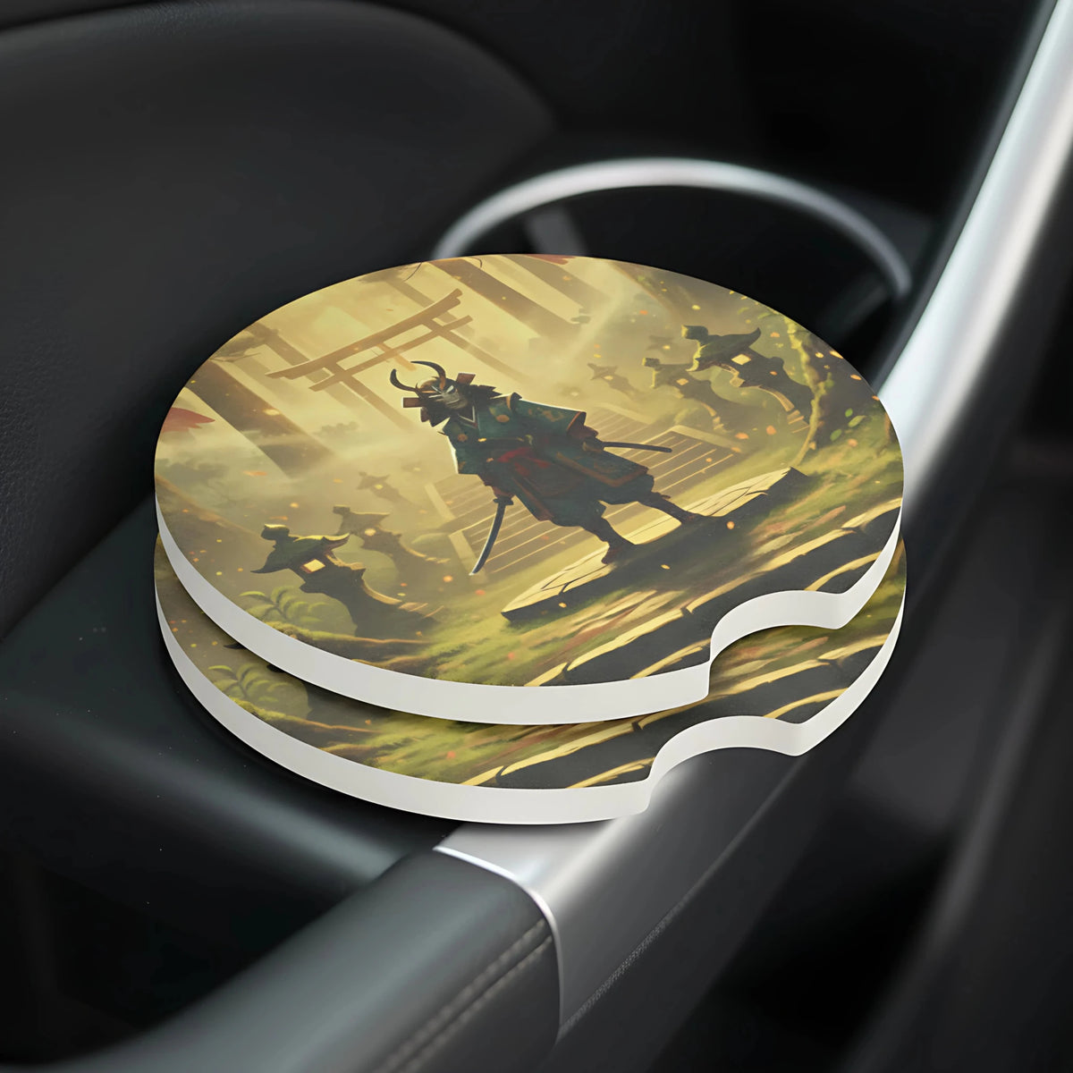 Samurai Silhouette Shrine Car Coasters Set - Road Muse