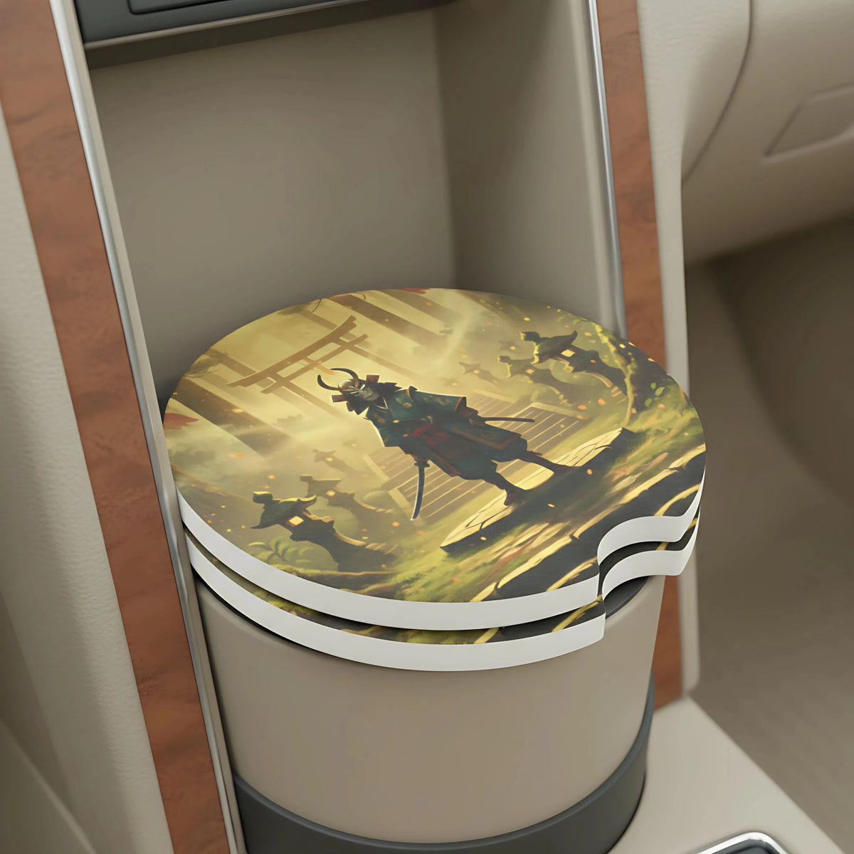 Samurai Silhouette Shrine Car Coasters Set - Road Muse