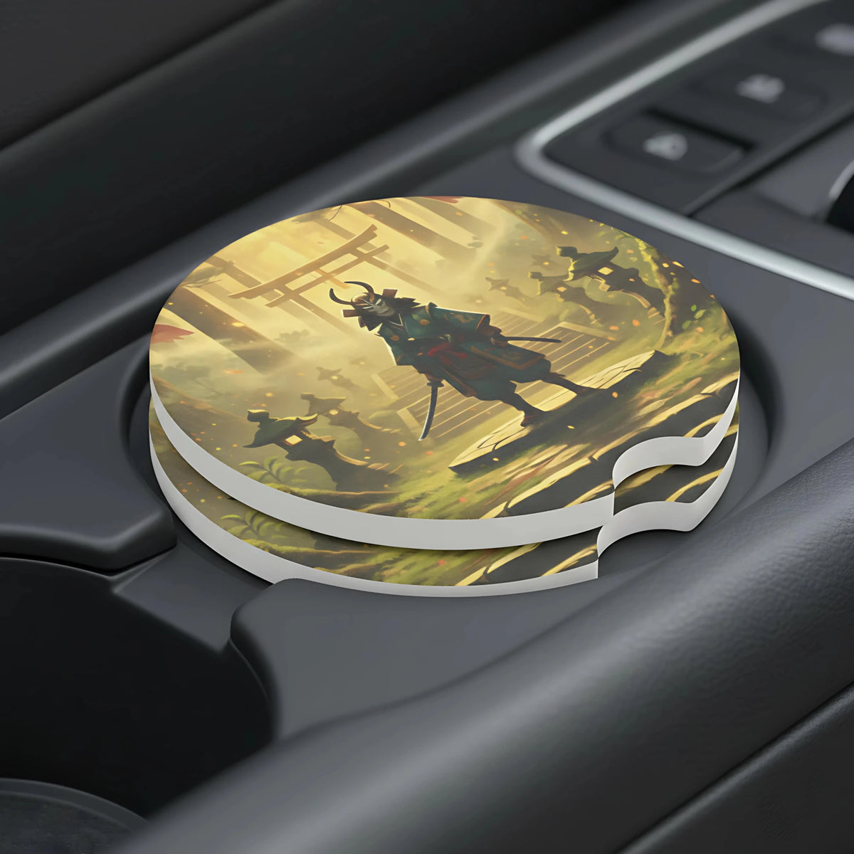 Samurai Silhouette Shrine Car Coasters Set - Road Muse