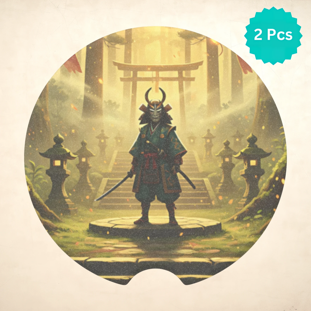 Samurai Silhouette Shrine Car Coasters Set - Road Muse