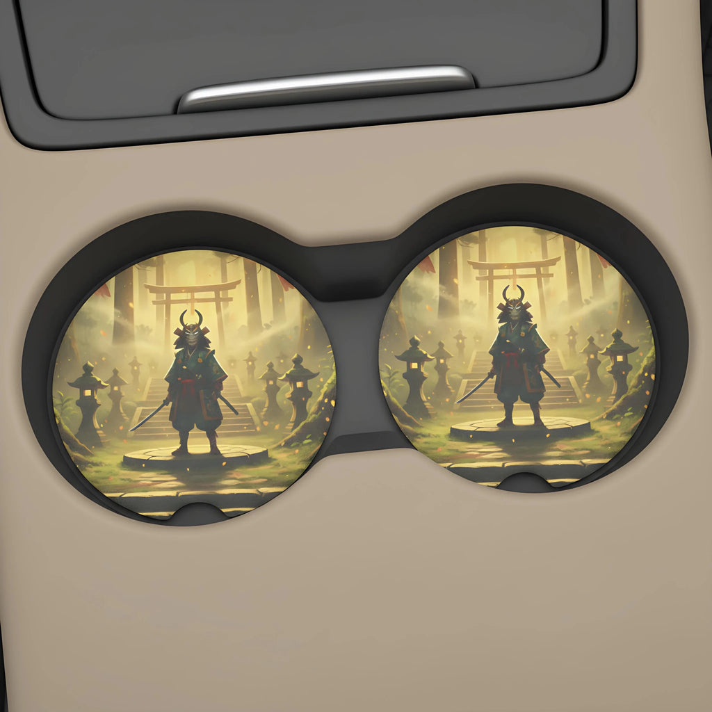 Samurai Silhouette Shrine Car Coasters Set - Road Muse