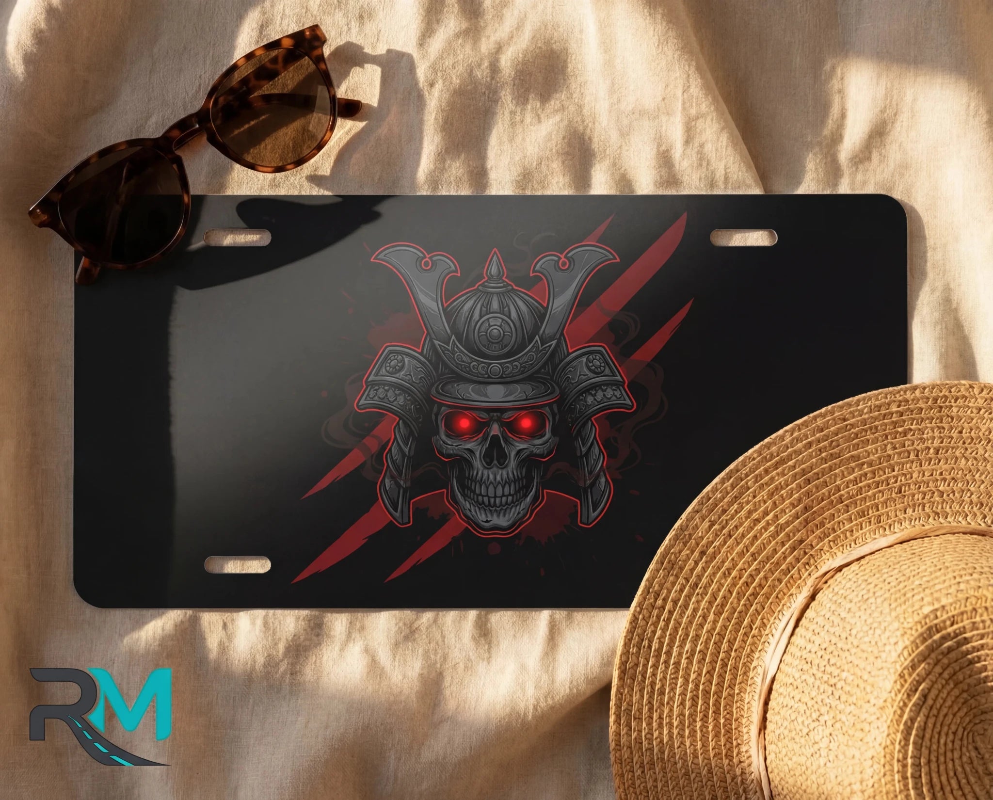 Samurai Skull Red Eyes Vanity Plate - Road Muse
