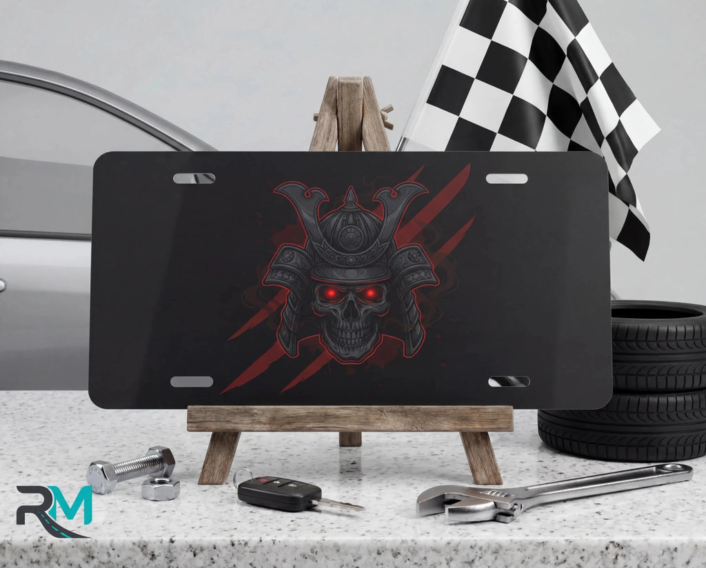 Samurai Skull Red Eyes Vanity Plate - Road Muse