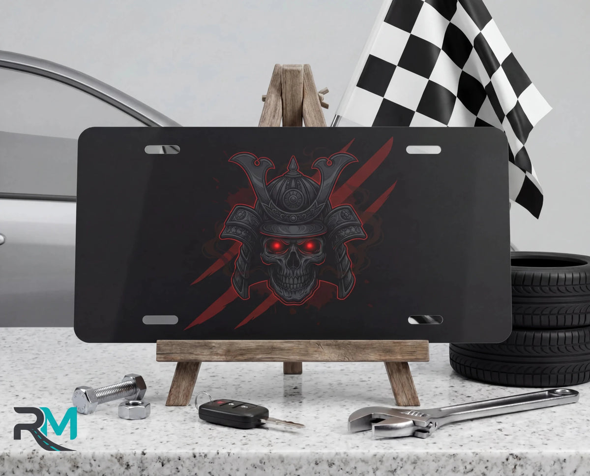 Samurai Skull Red Eyes Vanity Plate - Road Muse