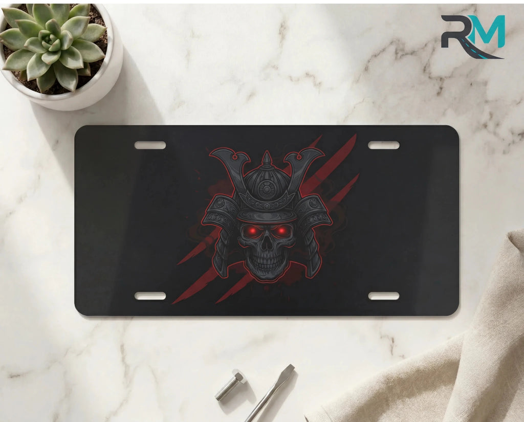 Samurai Skull Red Eyes Vanity Plate - Road Muse