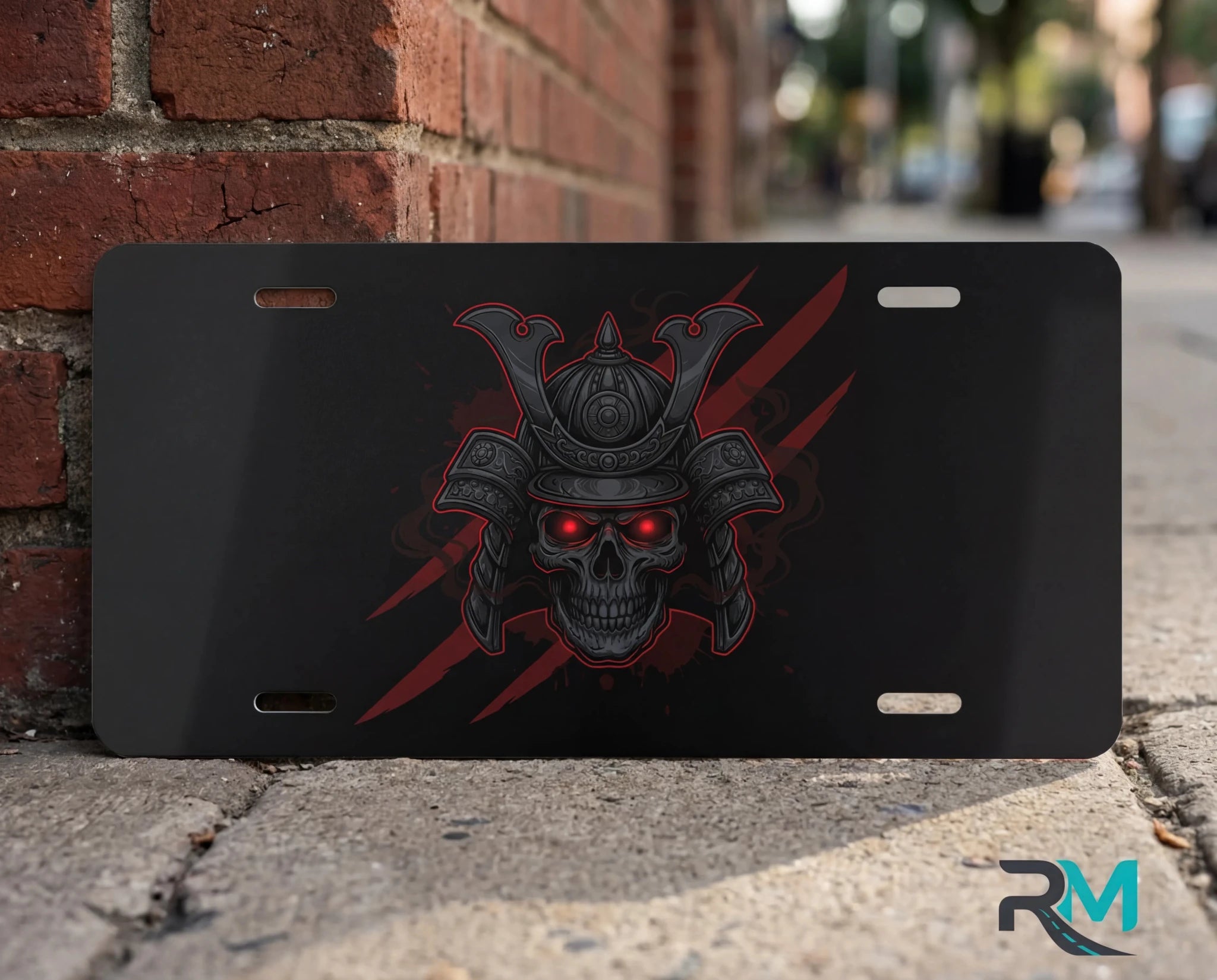 Samurai Skull Red Eyes Vanity Plate - Road Muse