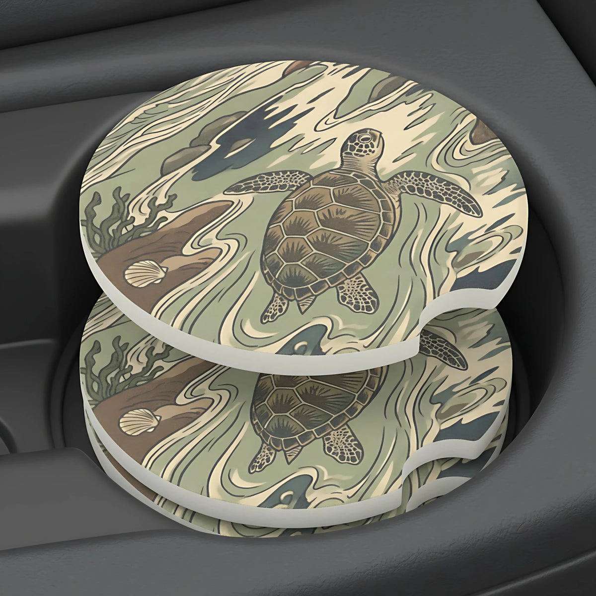 Sea Turtle Illustration Car Coasters Set - Road Muse