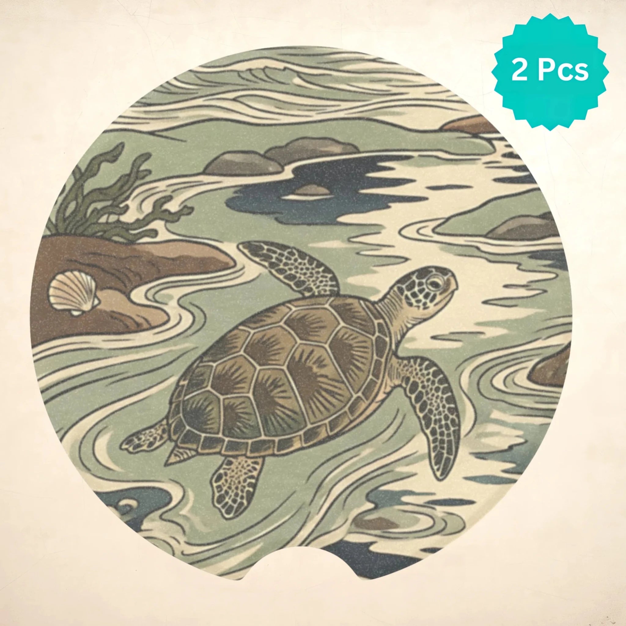 Sea Turtle Illustration Car Coasters Set - Road Muse