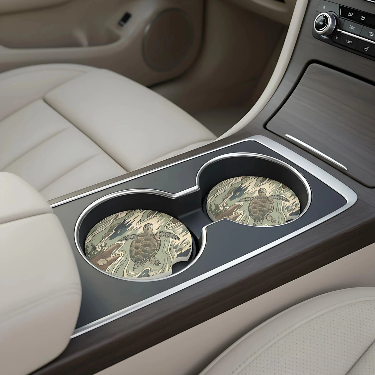 Sea Turtle Illustration Car Coasters Set - Road Muse