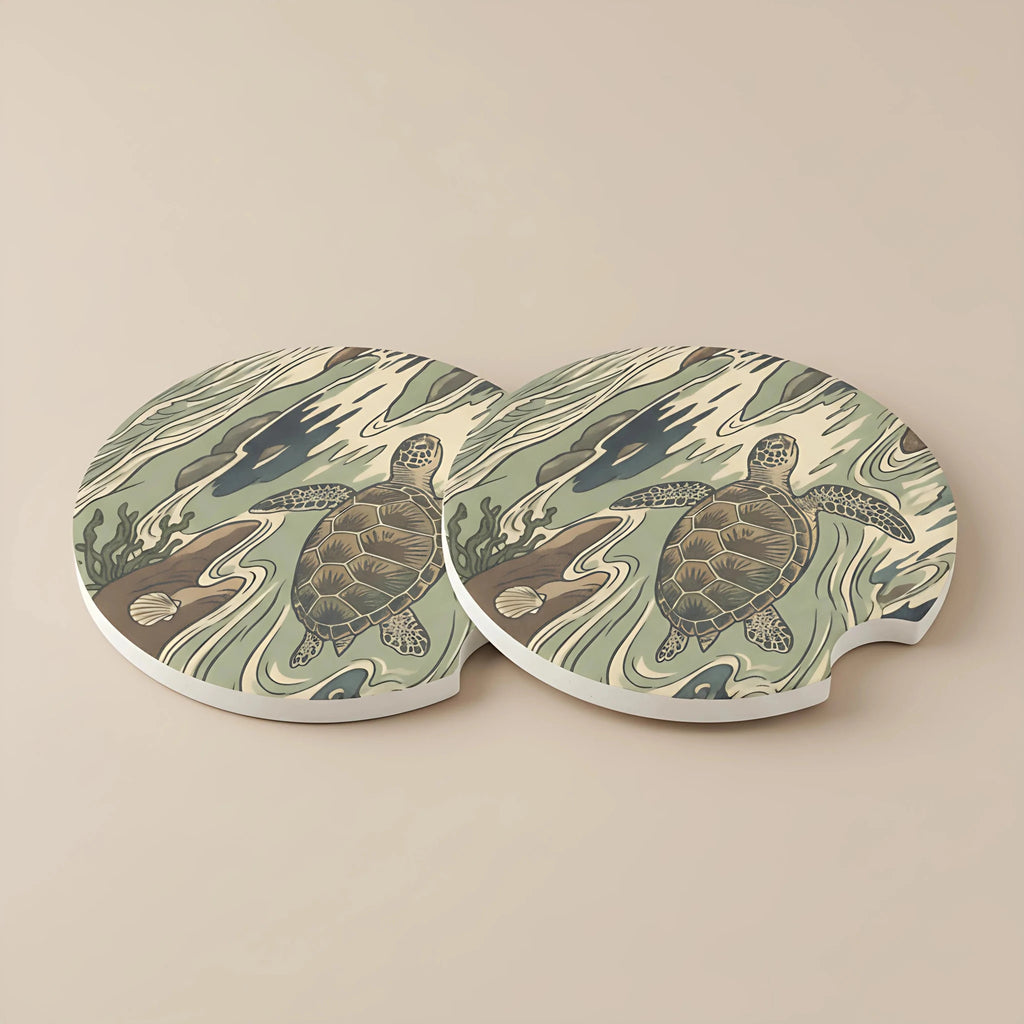 Sea Turtle Illustration Car Coasters Set - Road Muse