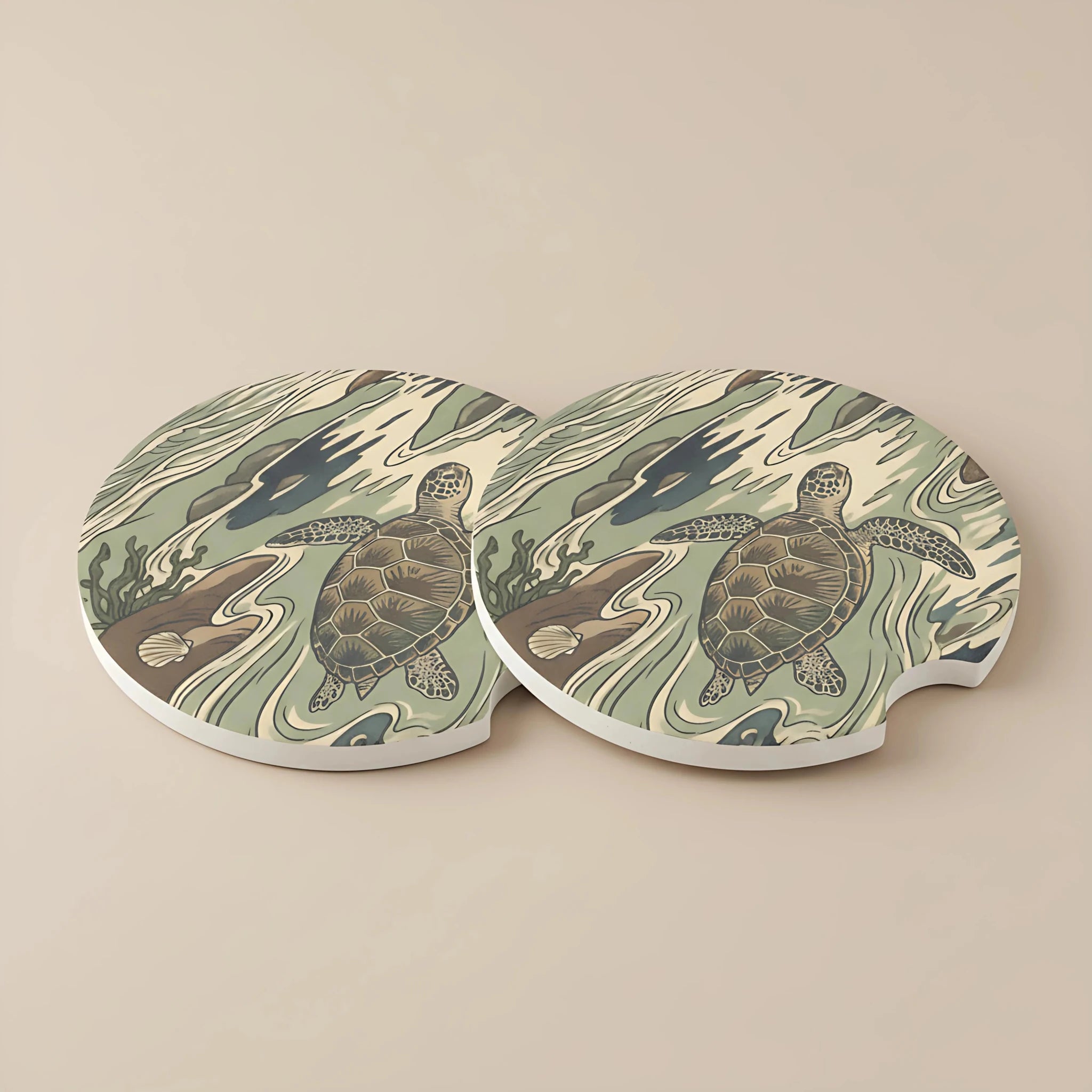 Sea Turtle Illustration Car Coasters Set - Road Muse