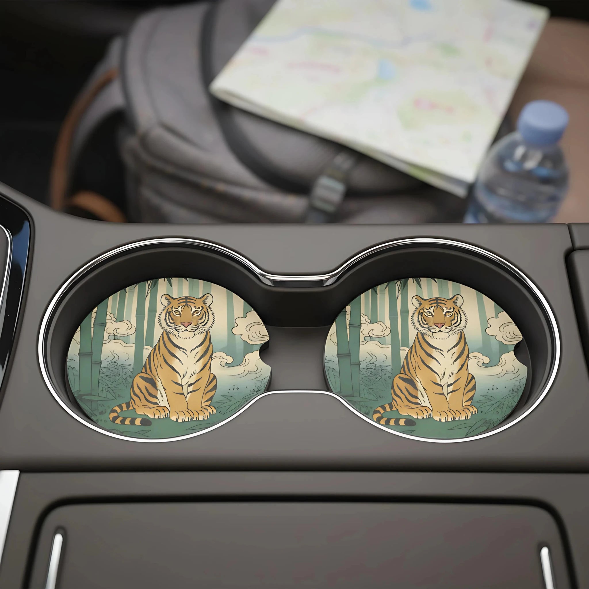 Sitting Tiger Bamboo Car Coasters Set - Road Muse