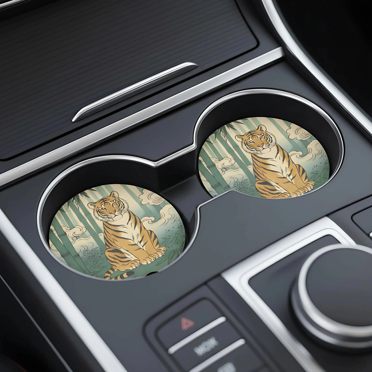 Sitting Tiger Bamboo Car Coasters Set - Road Muse