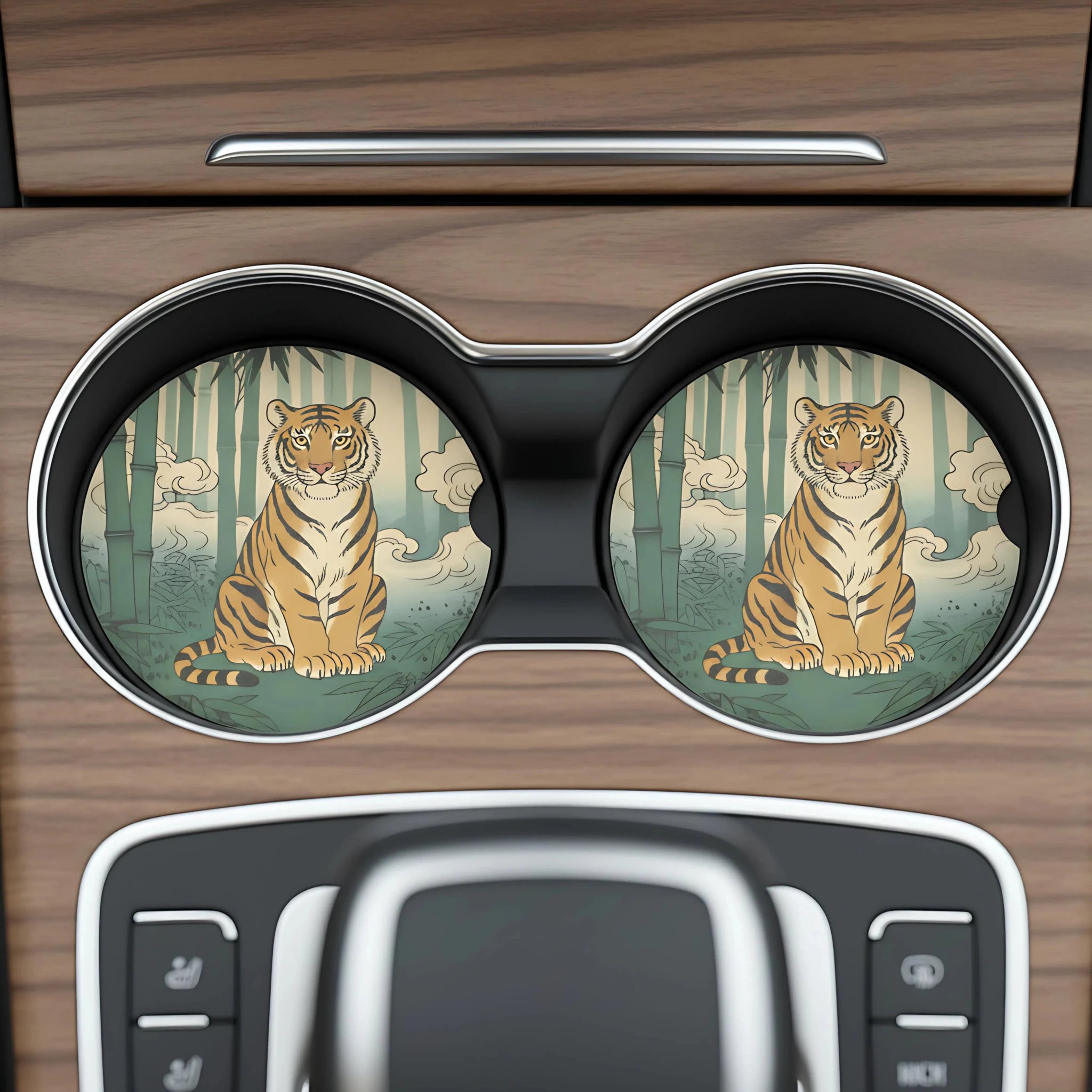 Sitting Tiger Bamboo Car Coasters Set - Road Muse