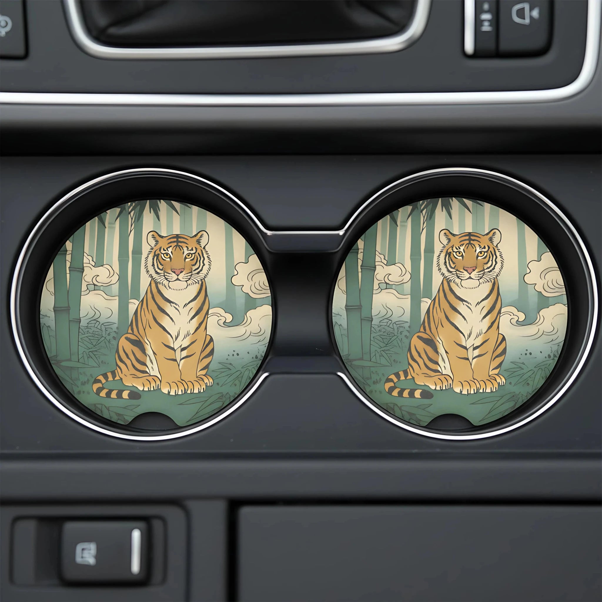 Sitting Tiger Bamboo Car Coasters Set - Road Muse