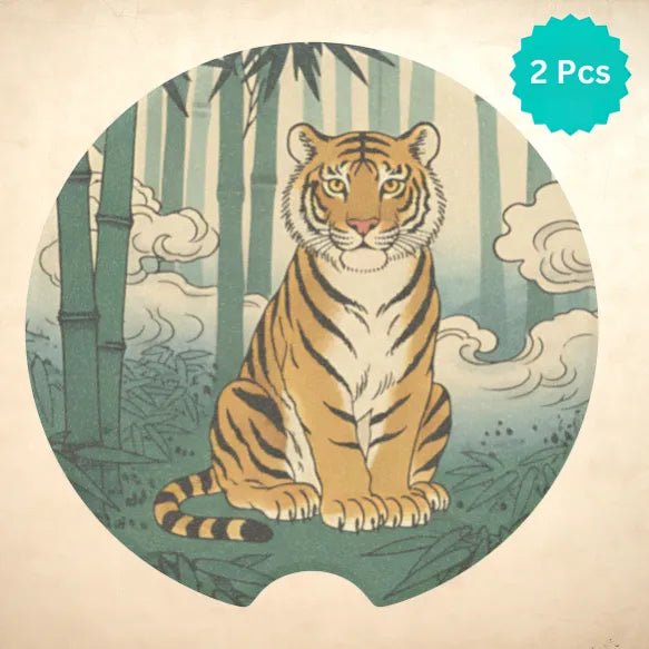 Sitting Tiger Bamboo Car Coasters Set - Road Muse