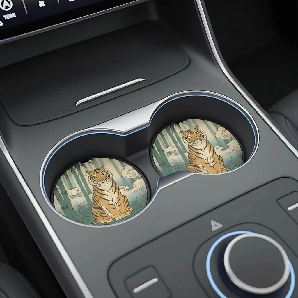 Sitting Tiger Bamboo Car Coasters Set - Road Muse